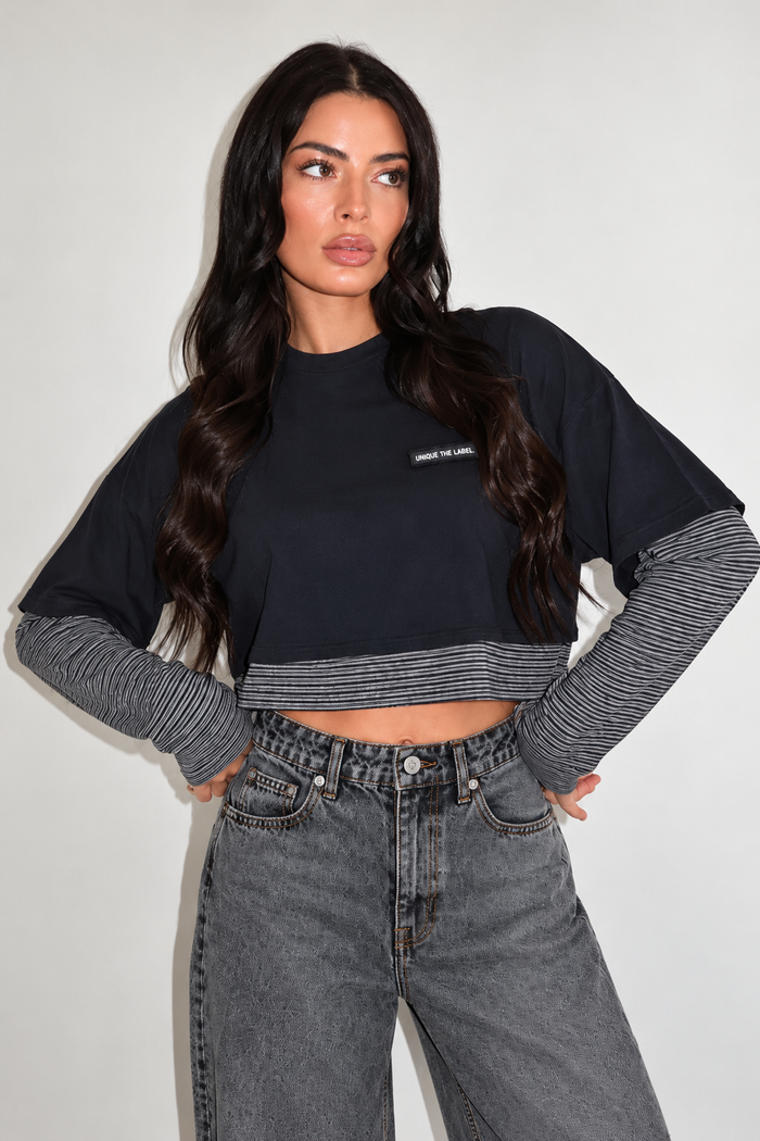 ESSY CROP LONGSLEEVE - DARK NAVY/GREY NAVY