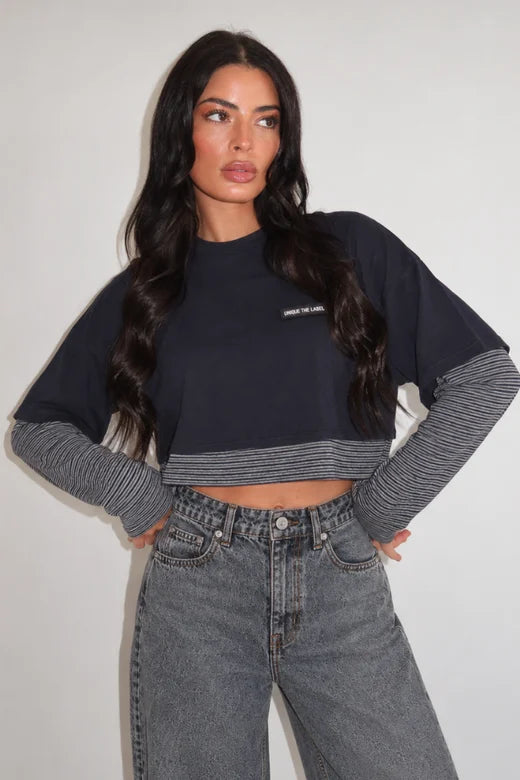 ESSY CROP LONGSLEEVE - DARK NAVY/GREY NAVY